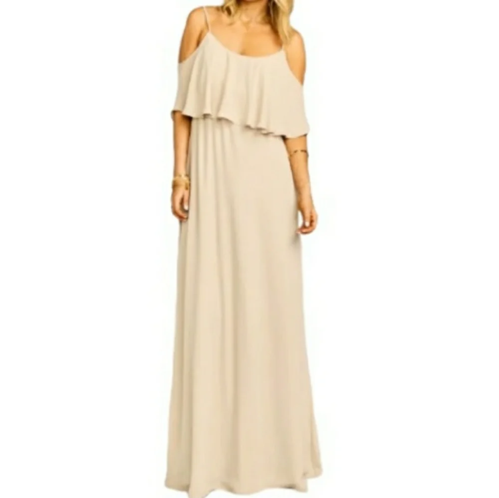 Show Me Your Mumu Caitlin Ruffle Maxi Bridesmaid Dress In Soft Beige Chiffon - Picture 8 of 8